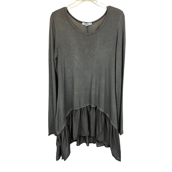 Tempo Paris Tunic Top  Womens S  Boho Lagnelook Charcoal Knit w Woven Ruffle - Picture 1 of 7